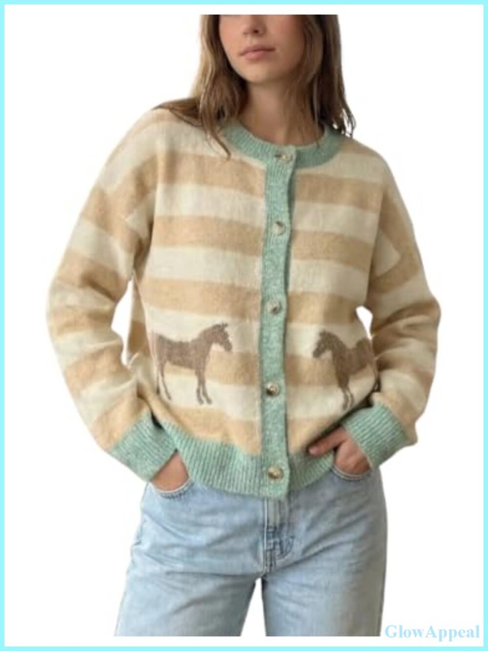 Women's Knit Cardigan with Horse Jacquard Pattern Boxy Fit Long Sleeve